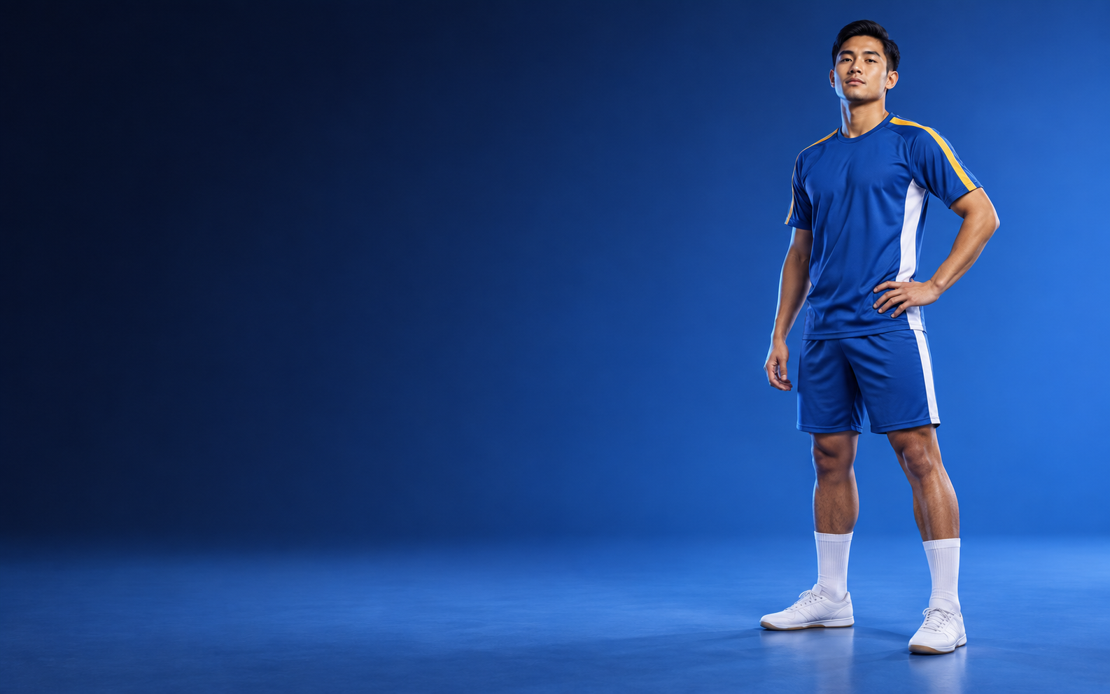 Pemain futsal mengenakan jersey custom Auren Sportwear berwarna biru dengan aksen putih dan kuning